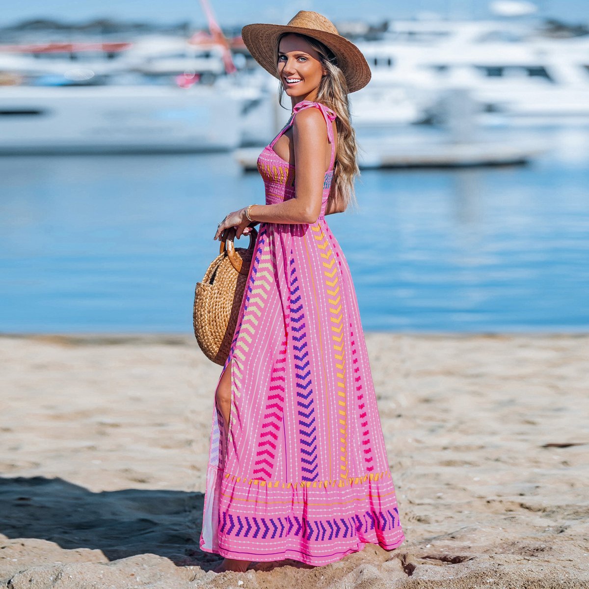 Женские платья Cupshe Women's Chevron Striped Self-Tie Strap Maxi Dress-M-Pink — фото 3