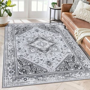 Acekool Washable Runner Rug 5x7, Low-Pile Oriental Floral Vintage Design, Non-Skid, Soft Carpet for Hallway, Bedroom, Kitchen – Gray - 1 of 4