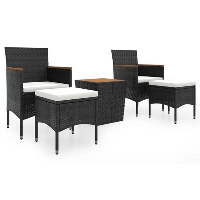 vidaXL Solid Acacia Wood Garden Bistro Set 5-Piece Balcony Set Garden Furniture Seating Set Balcony Furniture Table Chairs Footstool Poly Rattan Black