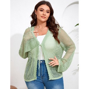 Women's Plus Size Knit Open Front Cardigan Hollow Out Summer Cardigan - 1 of 4