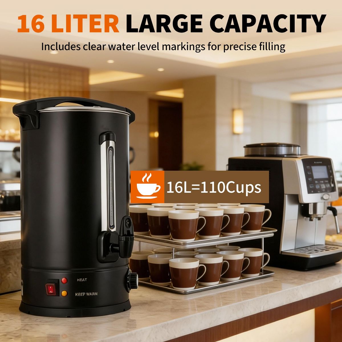 Garvee 110-Cup Stainless Steel Coffee Urn, 16L Double Wall Insulation Hot Beverage Dispenser with Faucet for Party Buffet – Black - thumbnail 8