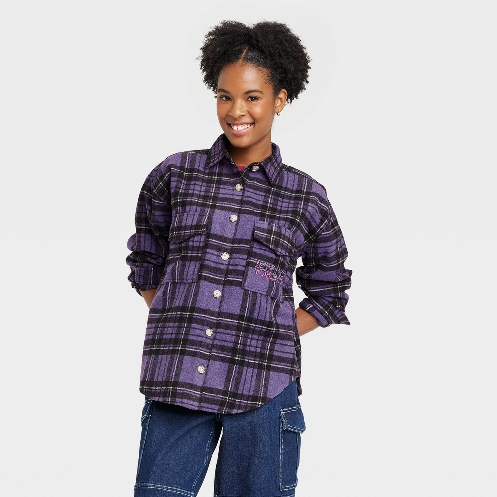 size Large Women's Marvel Wakanda Forever Plaid Graphic Shacket - Purple 