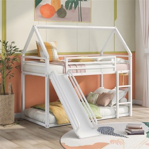 RISOKEYS Twin Over Twin Bunk Bed - Low Bunk Bed Metal Bunk Beds with Ladder and Full-Length Guardrail for Girl & Boy, No Box Spring Needed - White - 1 of 4