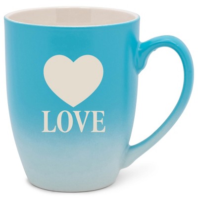 100 North Heart 10 Ounce Blue and White Two Toned Ombre, Comfortably Fits Your Hands, Ceramic Tea Coffee Cup Mug, Love