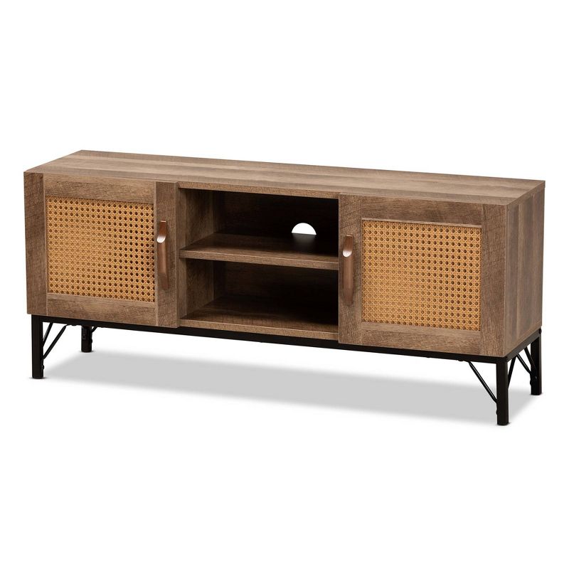Veanna Bohemian Natural Wood and Metal 2 Door Synthetic Rattan TV Stand for TVs up to 40&#34; Brown/Black - Baxton Studio, 1 of 12
