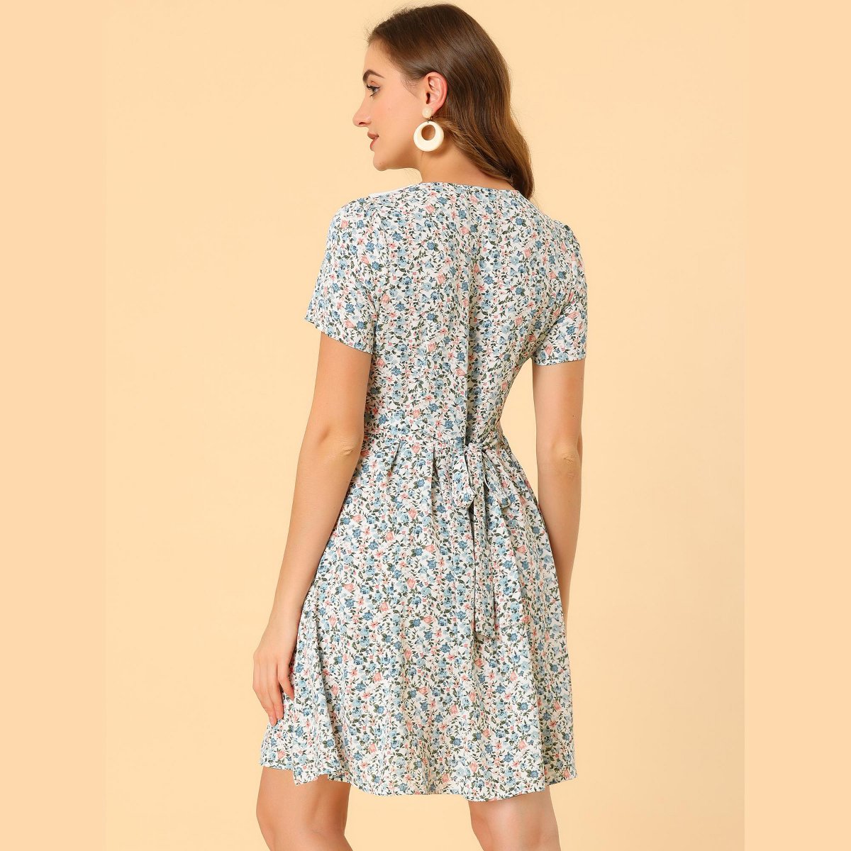 Женские платья INSPIRE CHIC Women's Fit and Flare Short Sleeve Sailor Collar Floral Dresses X-Large White Blue — фото 5