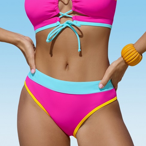 Women s Vibrant Pink Bikini Bottom Full Coverage Swimwear With Blue Waistband And Yellow Trim Cupshe Target