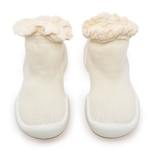 Komuello Toddler Girl First Walk Sock Shoes - Lace Trim Off  White - 1 of 4