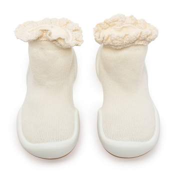 Komuello Toddler Girl First Walk Sock Shoes - Lace Trim Off  White