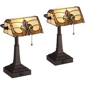 Robert Louis Tiffany Fleura 17" High Small Rustic Traditional Banker Desk Lamps Set of 2 Brown Bronze Finish Metal Home Office Living Room Bedroom - 1 of 4
