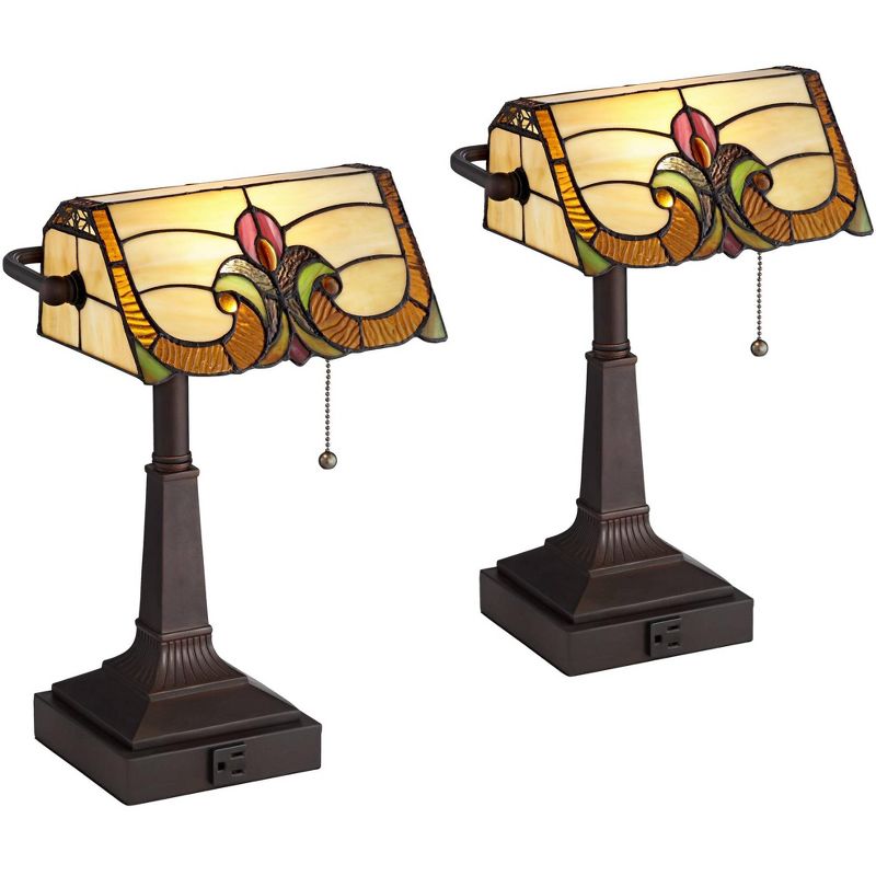 Robert Louis Tiffany Fleura 17" High Small Rustic Traditional Banker Desk Lamps Set of 2 Brown Bronze Finish Metal Home Office Living Room Bedroom, 1 of 10