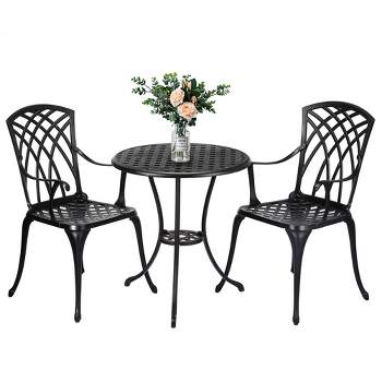 Cast Aluminum Patio Bistro Set with Umbrella Hole, 3 Piece Outdoor Bistro Set Rust-Resistant, Patio Table and Chairs, Outdoor/Indoor Use, Black