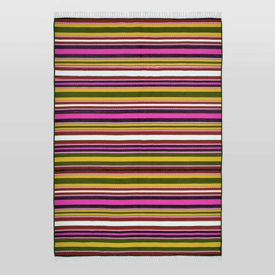 7'x10' Basket Stripe Outdoor Rug Green/Pink - Opalhouse™