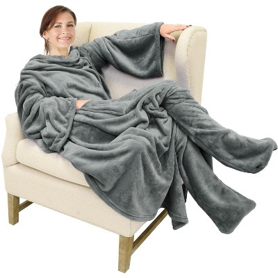 Catalonia Fleece Wearable Blanket with Sleeves and Foot Pockets, Micro Plush Wrap Sleeved Throw Blanket Robe, Super Fuzzy Cozy TV Blanket Throw, Gift