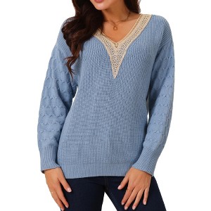 Seta T Women's Long Sleeve Trendy Lace V Neck Knit Drop Shoulder Pullover Sweater Tops - 1 of 4