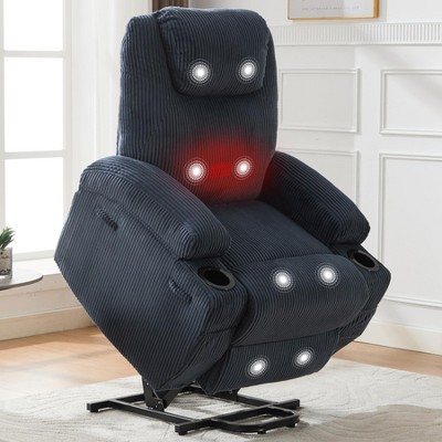 GustoWave Power Lift Recliner Chair for Adult, Massage & Heat, Side Pockets, 2 Cup Holders for Living Room, Striped Corduroy