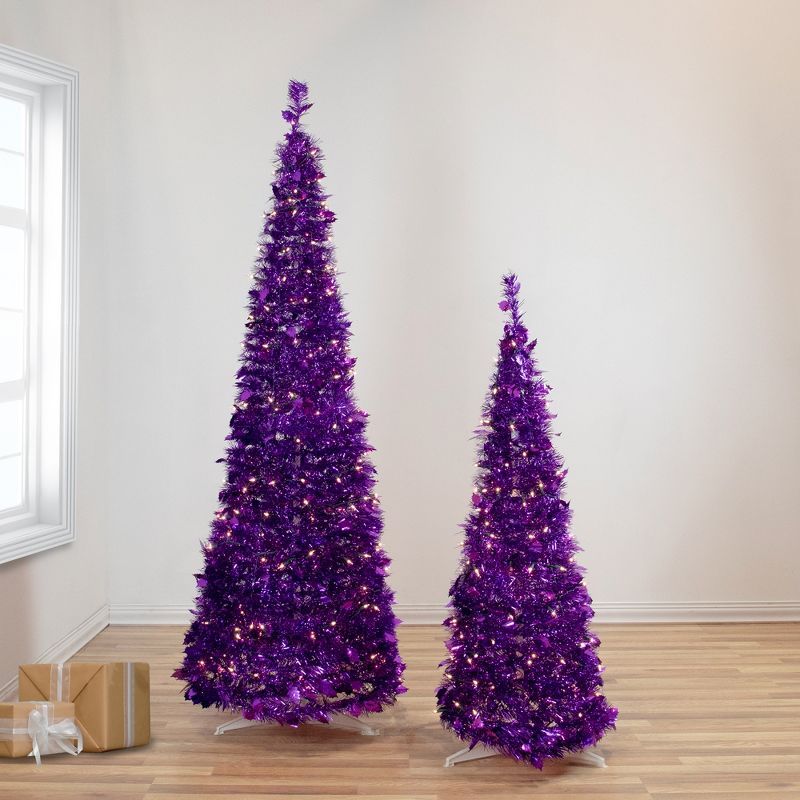 Northlight 4' Pre-Lit Purple Tinsel Pop-Up Artificial Christmas Tree, Clear Lights, 3 of 9