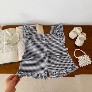 MyKids-USA Summer Baby Kids Girls Plaid Shirt And Shorts Clothing Set - 1 of 4