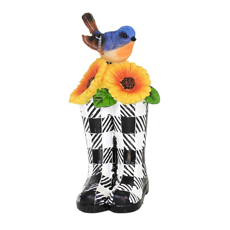 Home Decor Bird On Checkered Boot  -  One Figurine 7.0 Inches -  Figurineflowers Wellies  -   -  Polyresin  -  Black, 1 of 4
