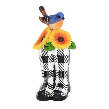 Home Decor Bird On Checkered Boot  -  One Figurine 7.0 Inches -  Figurineflowers Wellies  -   -  Polyresin  -  Black