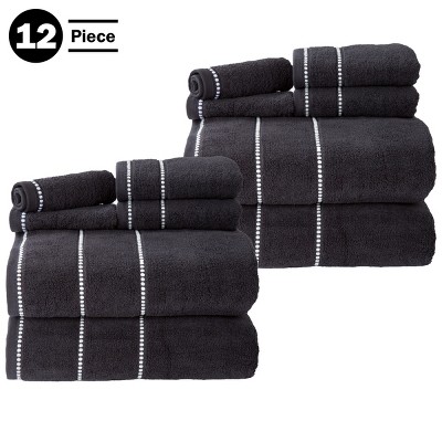 Luxurious Black Cotton 12-Piece Bath Towel Set with Stripes