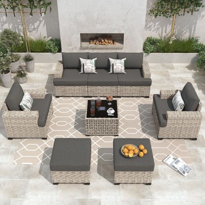 XIZZI All-Weather Rattan Furniture, Sectional Sets w/ Optional Solar Light-Up Coffee Table & Ottoman, Choose 6-9pc Configs in 8 Fade Resistant Colors