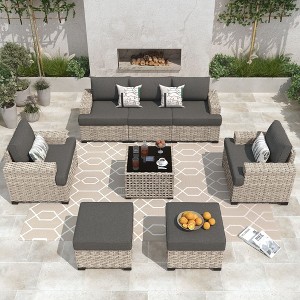 XIZZI All-Weather Rattan Furniture, Sectional Sets w/ Optional Solar Light-Up Coffee Table & Ottoman, Choose 6-9pc Configs in 8 Fade Resistant Colors - 1 of 4