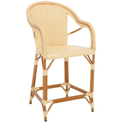Natural Woven Faux Wicker and Aluminum Counter Stool with Arms