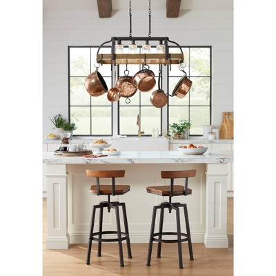 Eldridge Bronze and Wood Pot Rack Chandelier with Seeded Glass