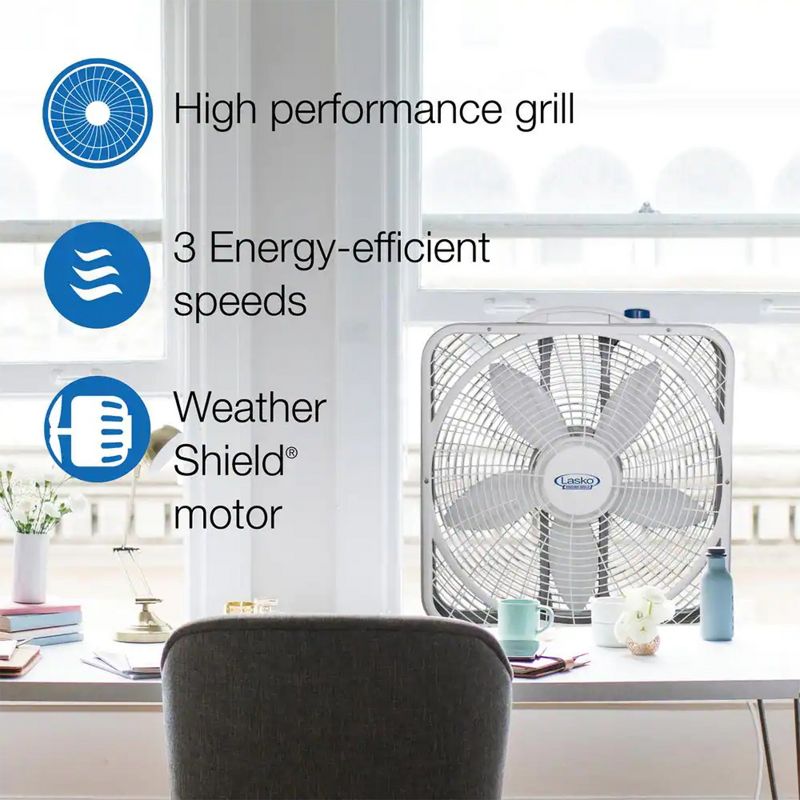 Lasko 3720 20 Inch 3-Speed Quiet Weather-Shield Performance Box Fan with Easy Carry Handle for Doorways, Windows and Home Rooms, White, 5 of 7