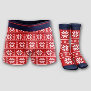 Men's Holiday Handcraft Snowflakes Boxer Briefs & Socks Set 2pk - Red/White S - 1 of 4