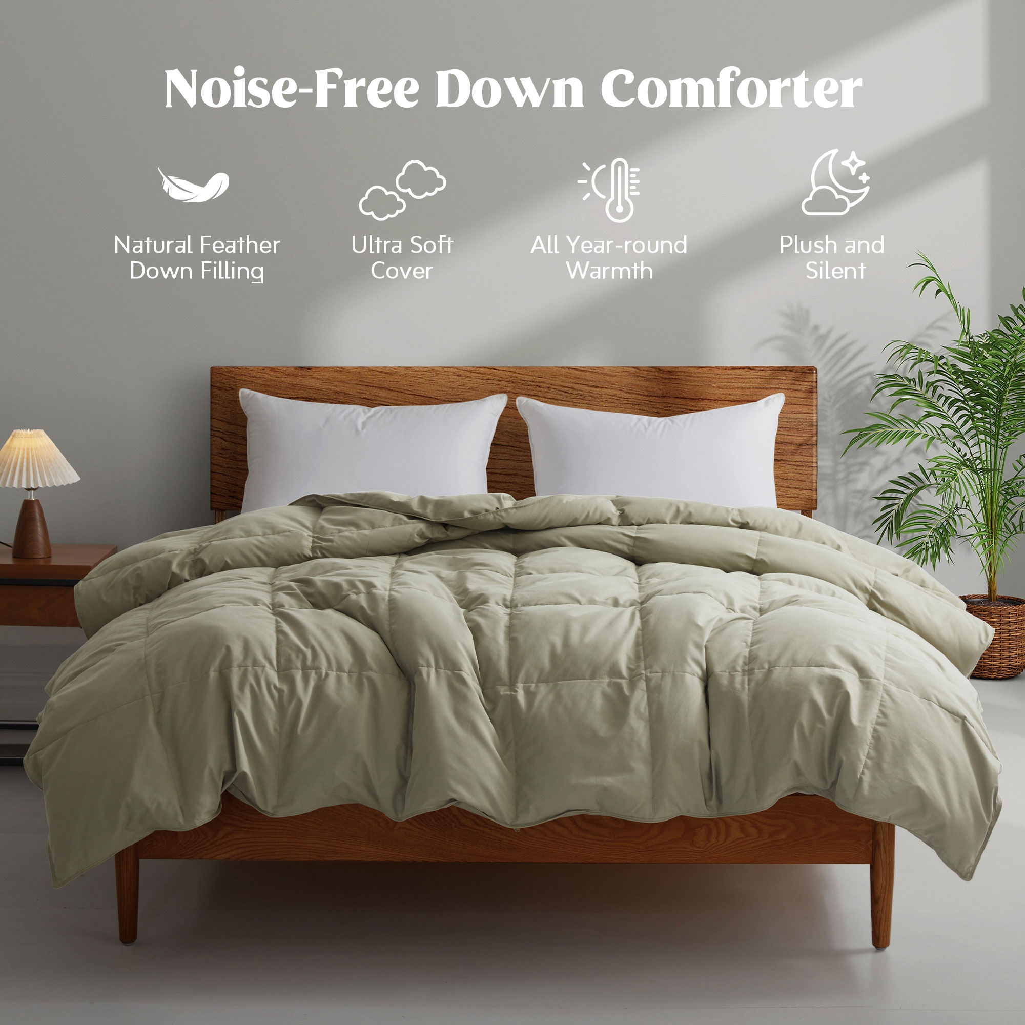 Peace Nest Ultra Soft Noiseless Down Comforter, Natural All Season Duvet Insert, Sage Green, King, 104x88"