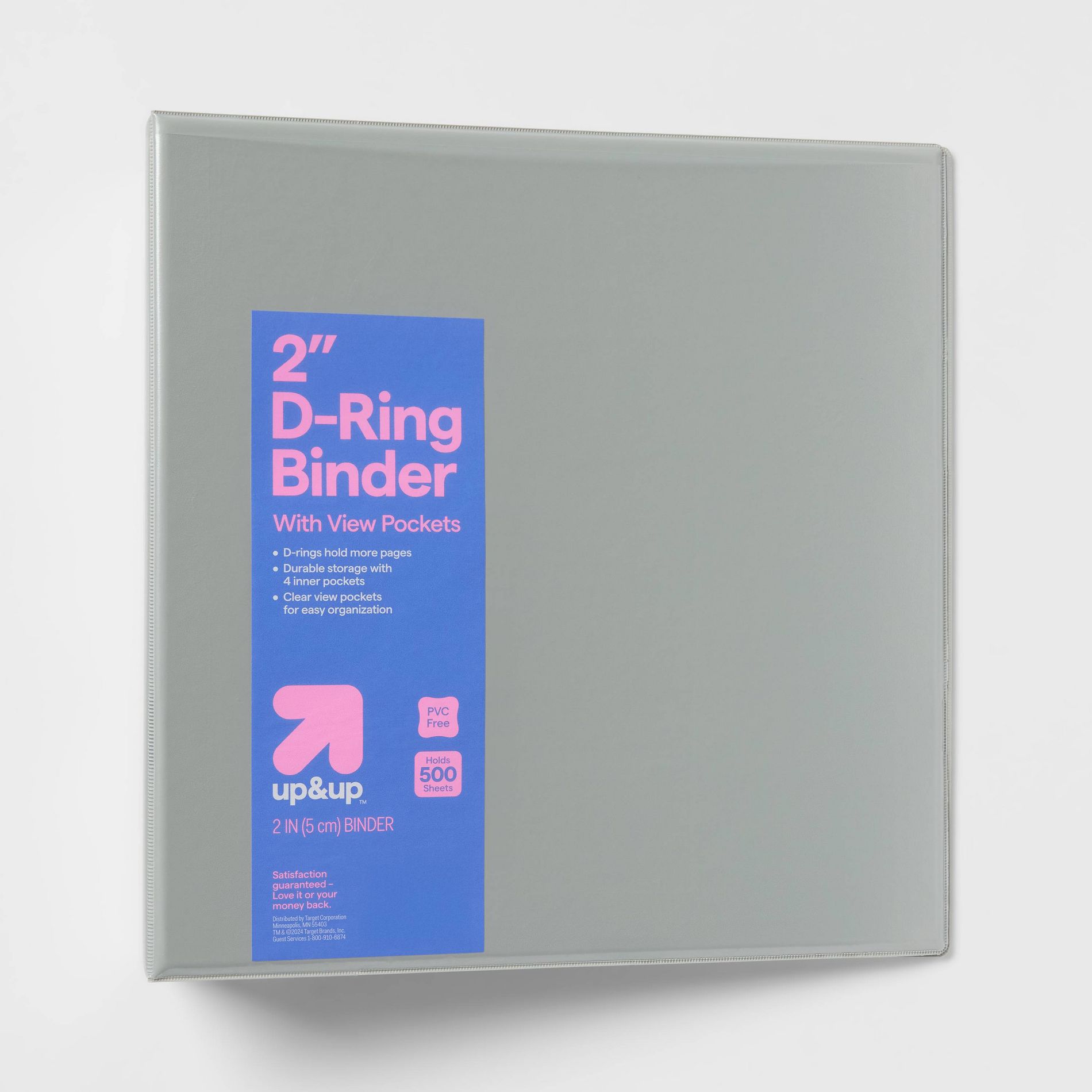 2" 3 Ring Binder Clear View Gray - up&up™: 500 Sheet Capacity, D Rings, Internal Pockets, Polypropylene
