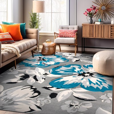 Elegant Floral Blue 5' x 7' Easy-Care Synthetic Area Rug