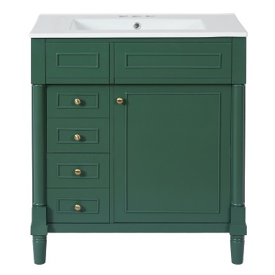 Vynxaria 30 inch Forest Green Single Sink Freestanding Bath Vanity with White Ceramic Top Two Soft Close Drawers One Soft Close Door Adjustable Shelf