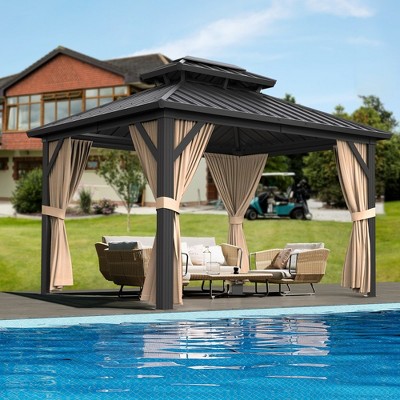 10'x12' hardtop gazebo for all weather with double metal roof, aluminum alloy frame, net, and curtain; ideal for patios, decks, and backyards，Khaki.