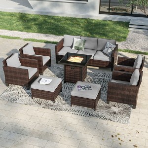 Sonkuki 8 Pieces Patio Sofa with Square Fire Pit Table and Ottomans, Wicker Conversation Couch, Light Gray Cushion - 1 of 4