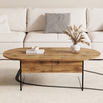 KIGFTSOD Cozy Natural Oval Double Drawer Coffee Table with Multi-Functional Design, MDF Top and Glass Legs