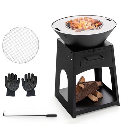 Tangkula Patio Fire Pit w/ Firewood Log Rack Outdoor Wood Burning Fireplace w/ Grill & Ash Box