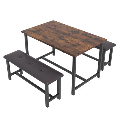 Dining Table Set for 4, Small Kitchen Table Set with 2 Upholstered Bench, Farmhouse Set, Space Saving Dining Table for Apartment, Rustic Brown