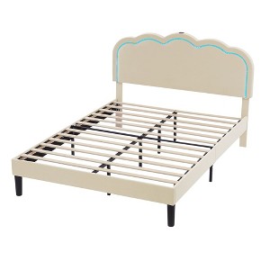 VECELO Upholstered Bed Frame with Adjustable Headboard , LED Lights, USB-A & Type-C, Velvet Platform Bed Noise Free - 1 of 4