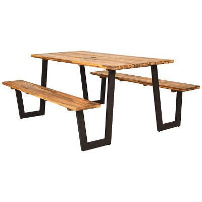 Costway Picnic Table with 2 Benches 70'' Dining Table Set with Seats and Umbrella Hole