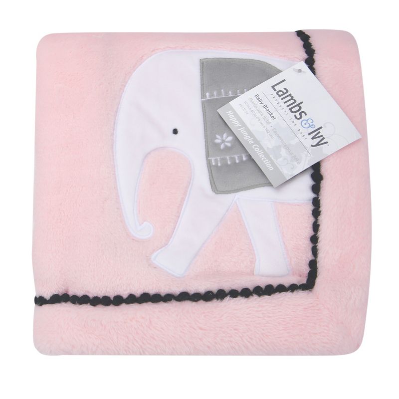 Lambs & Ivy Happy Jungle Pink Elephant Fleece Baby Blanket w/ Pom Pom Trim, 4 of 7