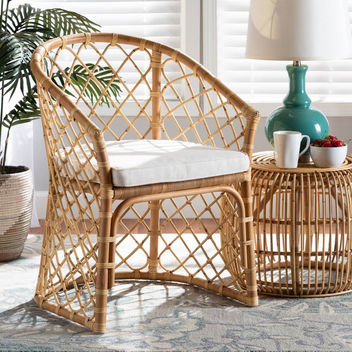 Orchard Fabric Upholstered and Rattan Dining Chair White/Natural - bali & pari: Indonesian Craftsmanship, Foam Cushion