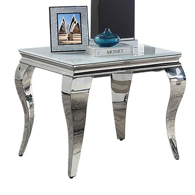 Vynxaria Series 23.5 in. White Silver Square Glass End Table with Stainless Steel Cabriole-Style Legs