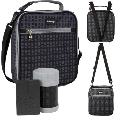 Bentology Complete Black Checker Lunch Box Tote Kit - Insulated Sleeve w Convertible Backpack Strap for Kids, 13oz Food Jar & Reusable Hard Ice Pack