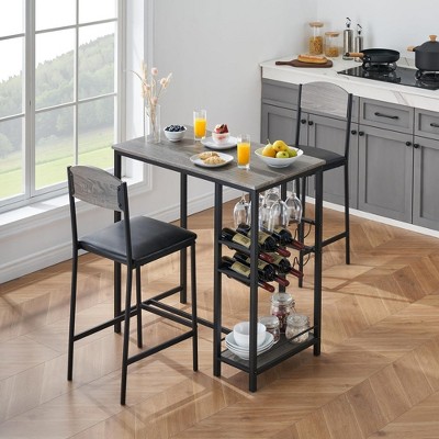 Bar Table Set of 2 with Footrest, Kitchen Dining Table with 2 Upholstered Chairs