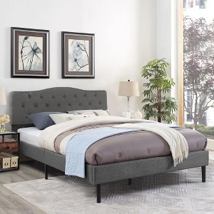 VECELO Upholstered Bed Wooden Platform Bed with Velvet Adjustable Headboard No Box Spring Neededs Frame - 1 of 4