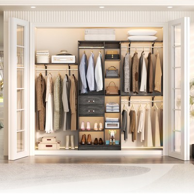 Aheaplus 96'' W Closet Organizer with 13 Shelves, DIY Closet System with Drawers and Hanging Rods
