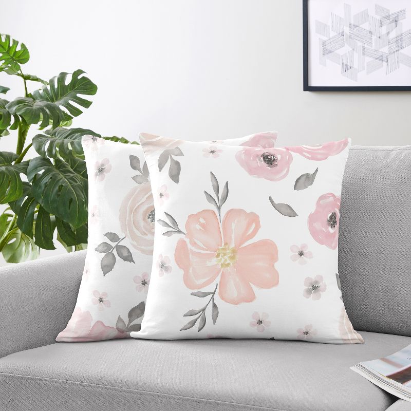 Sweet Jojo Designs Set of 2 Decorative Accent Kids' Throw Pillows 18in. Watercolor Floral Pink and Grey, 3 of 6